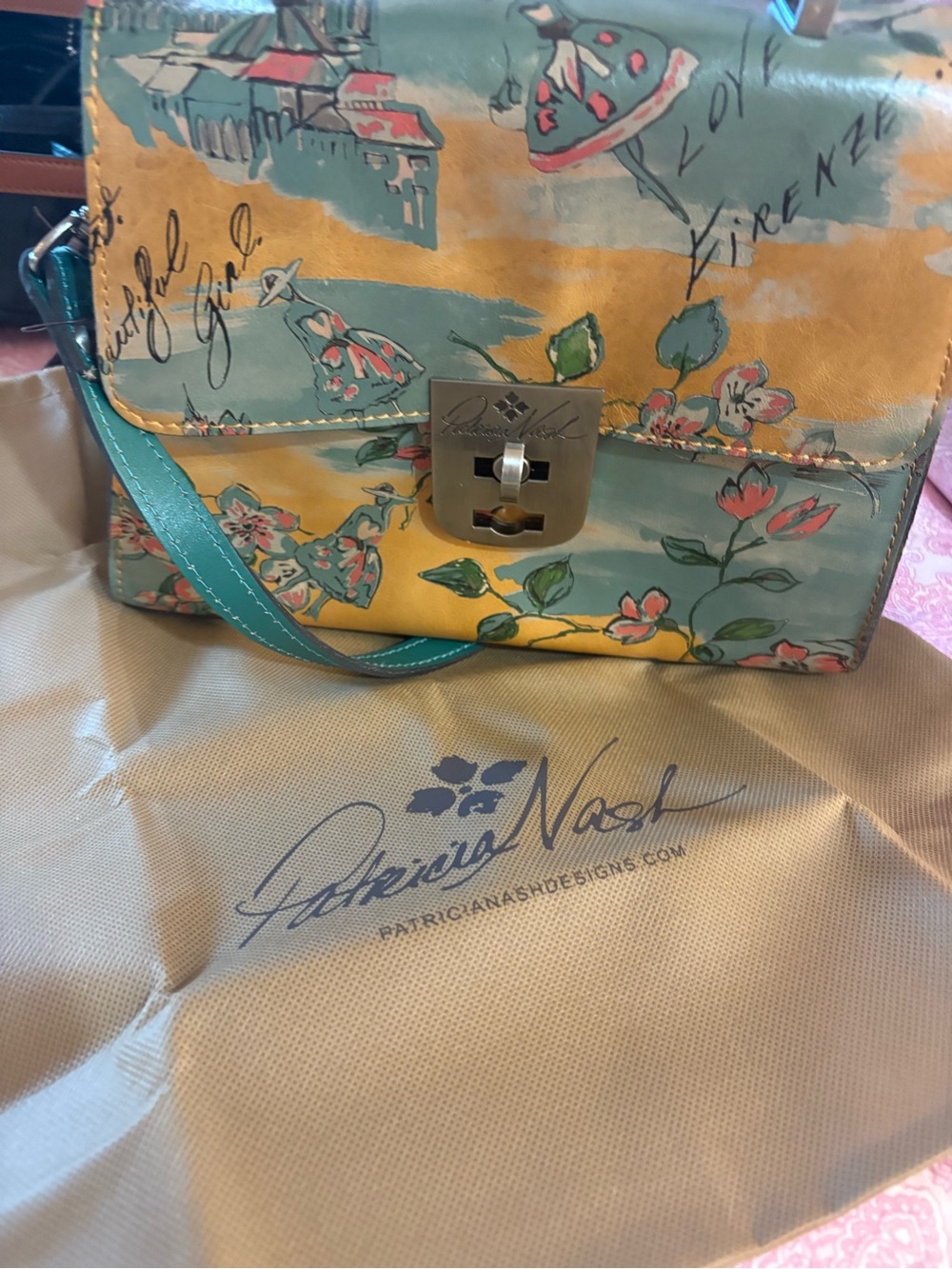 Patrica Nash Floral Printed Top-Handle Satchel in Mustard and Teal - Picture 3 of 5